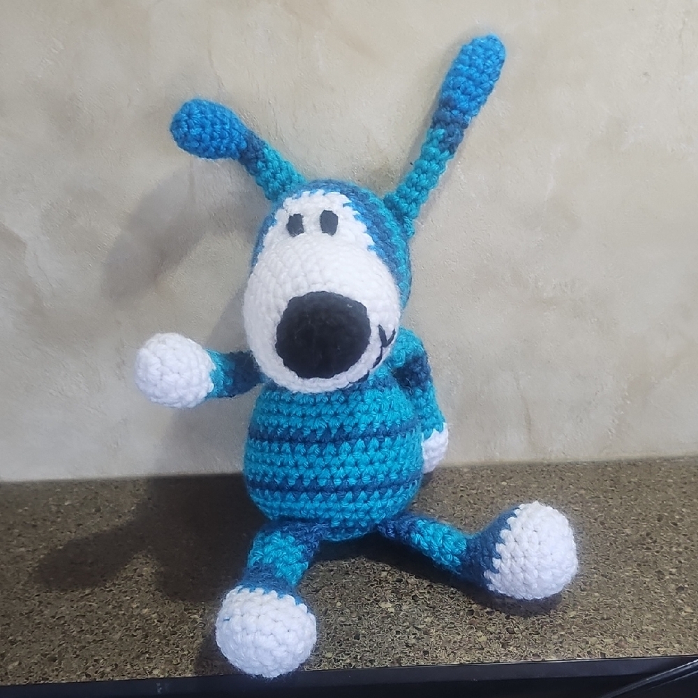 Shades Of Teal White Dog Plush Toy NEW Home Made Crochet Hand Made Acrylic